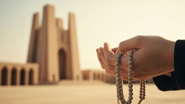 Muslim hands holding prayer beads for worship with a mosque in the background.