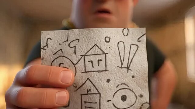 3D animated real estate investor character holding house sketches in an empty dilapidated room for property development concept and home flipping