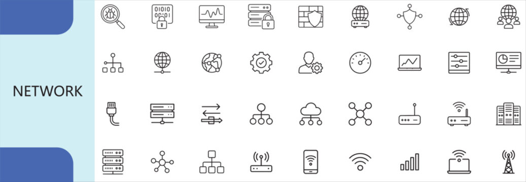 computer network and data server icon set, minimal outline symbols
