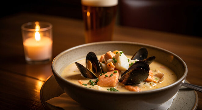 Creamy seafood chowder with salmon and mussels in a bowl on a candlelit table, cozy restaurant dinner atmosphere