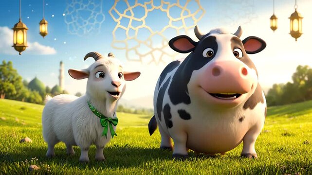 A cheerful animated cow and goat celebrate Eid al-Adha in a lush green field under a golden sky with festive lanterns and Islamic patterns.