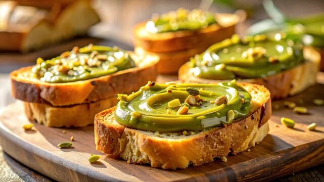 Toasted bread slices topped with green spread, nuts, and presented on a wooden board
