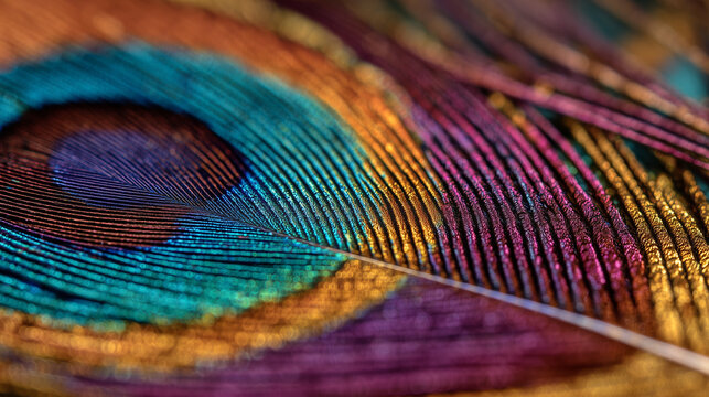 Ai Colorful peacock feather close-up showing fine details of patterns and textures in natural light