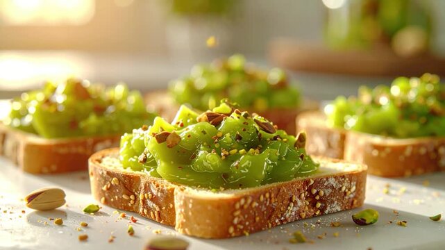 Close up of gourmet toast with green spread and pistachios, natural light