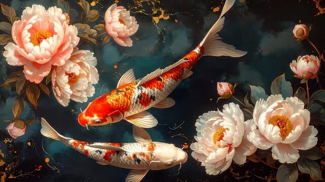 Artistic painting of koi fish and peonies in a tranquil underwater environment