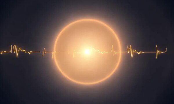 Solar eclipse. Heartbeat line. Medical and astronomy symbol. Bright sun with orange glow. Dark background. Vector illustration.