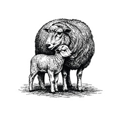 Vintage Illustration of a Mother Sheep and Lamb. Hand drawn engraving style vintage vector. © Monstar Studio