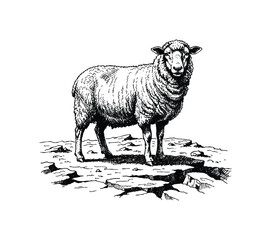 Vintage illustration of a sheep standing on rocky ground. Hand drawn engraving style vintage vector. © Monstar Studio