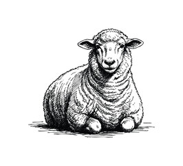 Detailed illustration of a sheep sitting down black and white sketch. Hand drawn engraving style vintage vector. © Monstar Studio