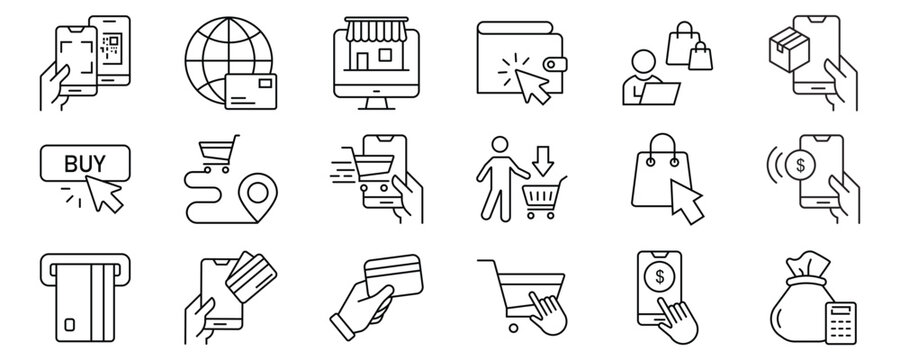 Online payment set of web icons in line style. Payment linear icon collection. Containing cashless wallet, e-wallet, money transfer, banking, credit card, cash, transaction more.