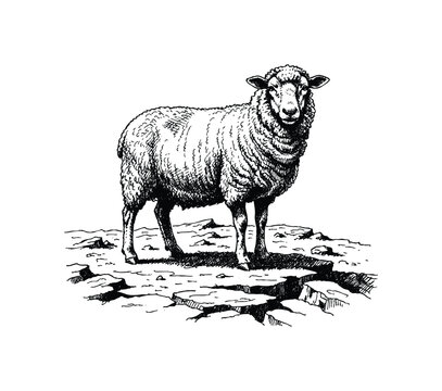 Vintage illustration of a sheep standing on rocky ground. Hand drawn engraving style vintage vector.