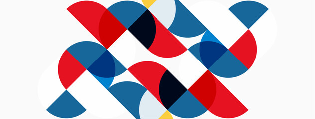 Obraz premium Abstract geometric pattern. Overlapping circles create dynamic composition. Red, blue, yellow hues dominate white background. Modern design.
