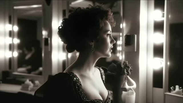 A vintage opera singer stands in a dressing room showcasing a beaded bodice gown illuminated by warm vanity lig