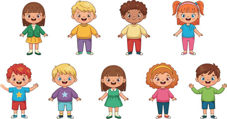 Set of cute diverse children characters including boys and girls with different hairstyles and colorful outfits flat vector illustration