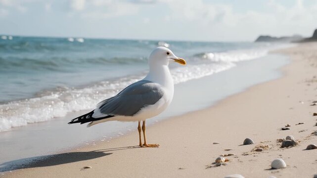 Coastal Habitat. Animal Habitats Around the World. Education / Environment. A seagull standing near the shoreline, set in a coastal beach environment, with a visual aesthetic that is bright and airy
