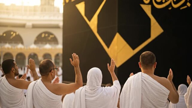 Muslim Pilgrims in Ihram Performing Tawaf Around the Kaaba in Mecca.