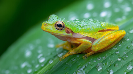 Obraz premium Ai Green frog on leaf with water droplets in a natural setting