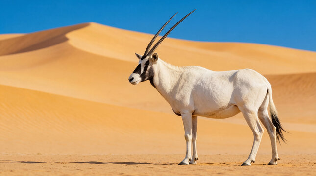 Arabian oryx standing in desert dunes. White antelope with long straight horns on golden sand under blue sky. Great for wildlife, desert nature, conservation, and travel design.