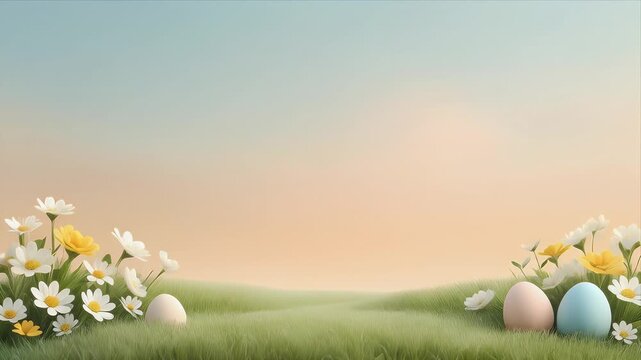 Easter eggs in grass with flowers on a sunny day