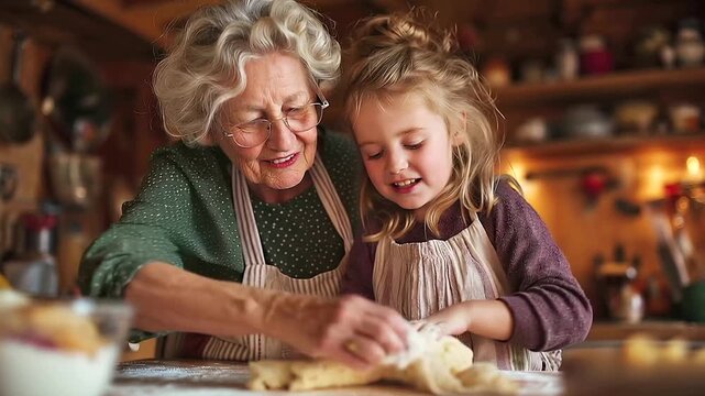A warm sunlit kitchen filled with the aroma of baked goods a grandmother and granddaughter joyfully baking toge