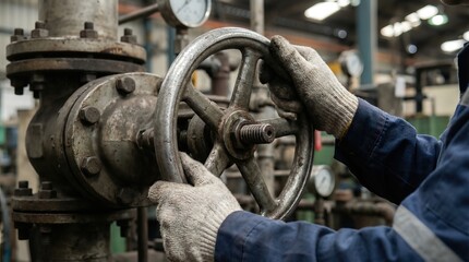 Industrial worker in blue coveralls operates a large metal gate valve using a handwheel in a factory setting with pressure gauges and machinery visible in the background