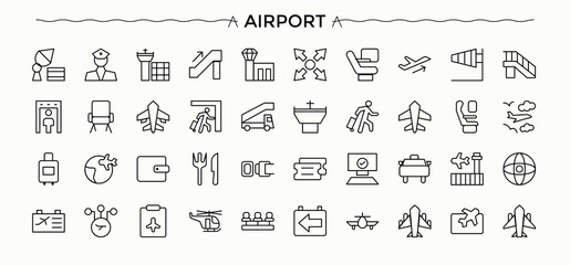 Airport icon set. Contains outline symbols like air, transport, travel, airplane, air bus, flight and more. Airplane icon set. Minimal icons collection. Art and illustration. © Rubbble