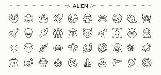Alien icon set. Outer Being related icon set. Modern linear icons. Contain linear symbols space, planet, rocket, astronaut and more. Editable vector illustration. © Rubbble