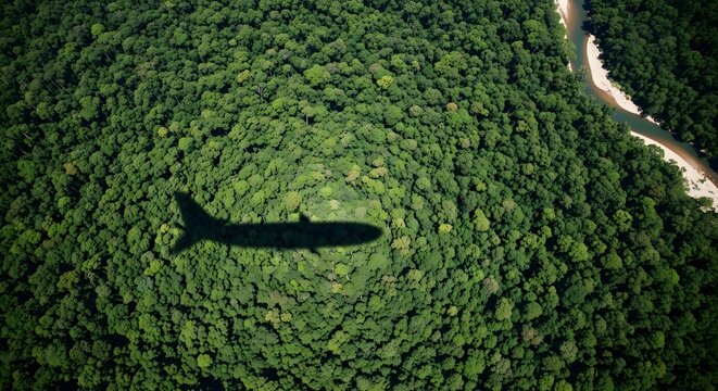 Aerial view of a river winding through a dense green forest with a black shadow.