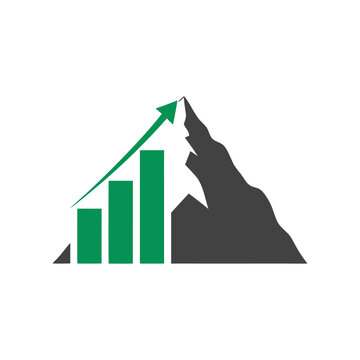 Graphical representation of a rising trend illustrated with a green bar chart and upward arrow beside a mountain silhouette