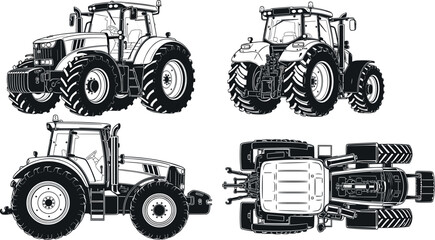 Black and white tractor illustration, multiple perspectives, front view, side view, top view, agricultural machinery drawing, detailed farm equipment vector artwork © MDKHALEDUL