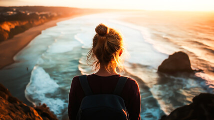 Fototapeta premium Back view of traveller woman standing on cliff overlooking ocean coast