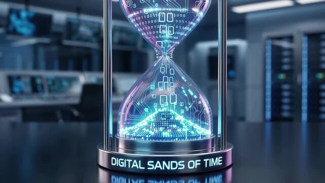 Digital Sands of Time: A Futuristic Hourglass with Glowing Data Streams