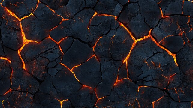 Lava texture seamless pattern with cracked dark stone and magma glows in bright orange