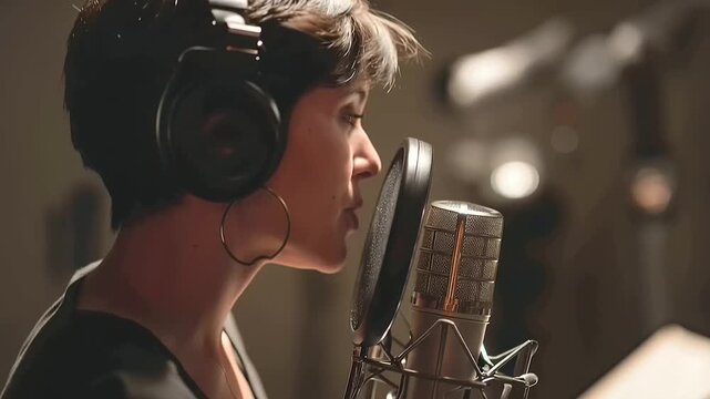 A woman speaks into a vintage Art Deco microphone in a warm lit broadcast studio filled with retro equipment ca
