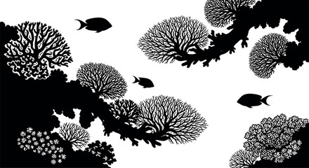 Coral reef silhouette illustration, underwater marine artwork, tropical fish vector, ocean biodiversity design, aquatic ecosystem drawing, black and white art © MDKHALEDUL