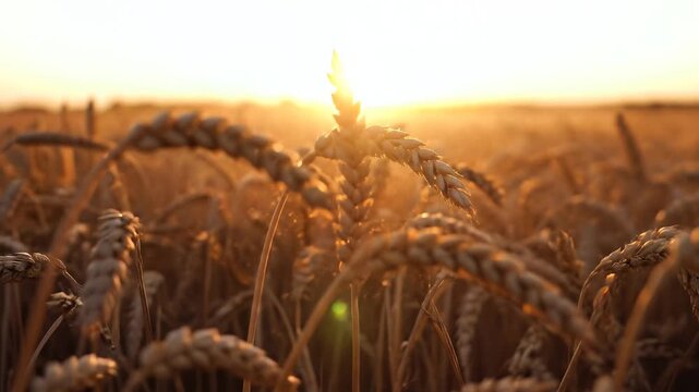 Golden wheat field at sunset, gentle breeze rustling stalks with sun flares and dust motes, symbolizing abundance, harvest, and natural beauty.