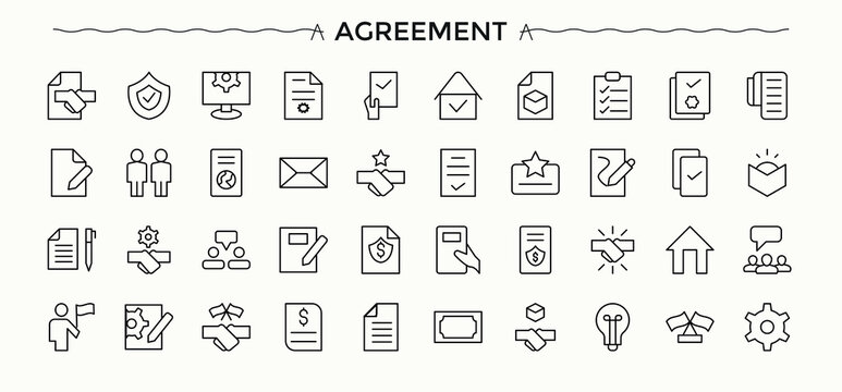 Agreement icon collection. Pictograms of document, approval, check, hand, team, deal and more. Settlement line icon set. Minimalist icons collection. Editable vector art and illustration.
