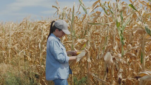 Female Farmer in Hat Conducting Crop Survey in a Cornfield