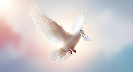Obraz premium White dove with letter in beak flying gracefully through a soft, ethereal sky