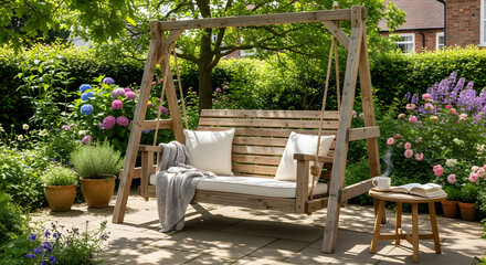 Cozy wooden swing in a vibrant garden surrounded by blooming flowers and greenery