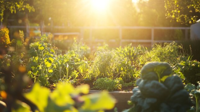 Sunlight shines on a vegetable garden in the morning with fresh crops and green plants growing in rows