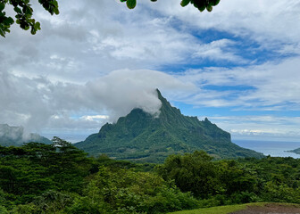 Mount Rotui seen from Belvedere Lookout, with Cook Bay to the right and Opunohu Bay to the left, Moorea, Tahiti