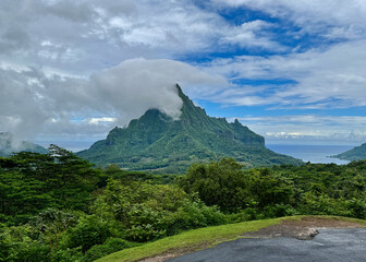 Mount Rotui seen from Belvedere Lookout, with Cook Bay to the right and Opunohu Bay to the left, Moorea, Tahiti