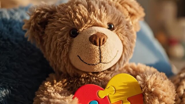 Teddy bear holding puzzle heart on blue pillow