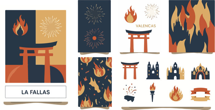 Las Fallas Valencia Festival Elements Collection with Fire, Traditional Monuments, and Fireworks Illustration