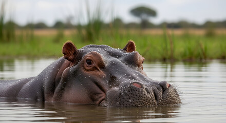 A serene hippo partially submerged in a tranquil water body with lush greenery in the background