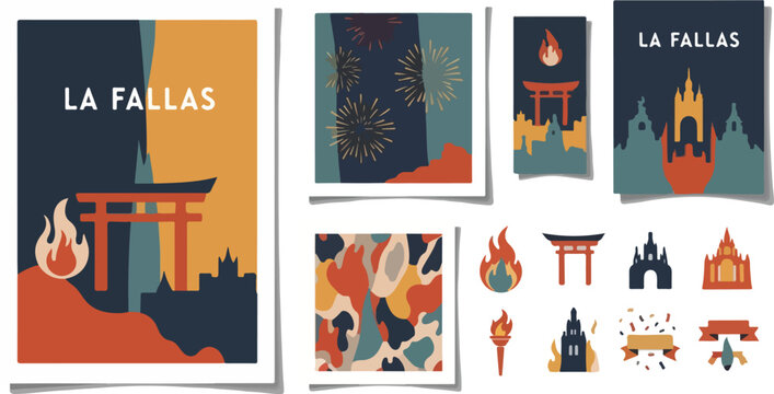 Las Fallas Valencia Festival Elements Set with Fire Fireworks and Spanish Traditional Landmarks for March Celebration