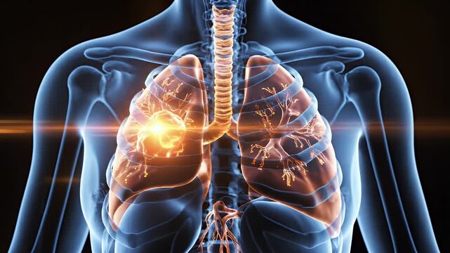 Anatomical 3D Visualization of Human Lungs with Glowing Particles and Skeletal Structure on Black Background