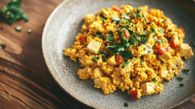 Scrambled tofu served on a plate with herbs and simple seasoning in natural light on a wooden table
