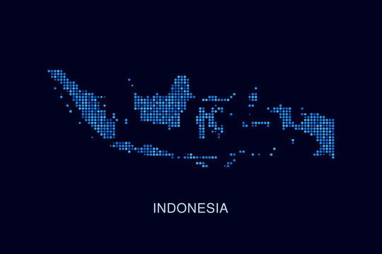 Indonesia Map - Blue Dotted Halftone Vector Illustration on Dark Navy Background, Abstract Circle Grid Silhouette Design for Infographic and Modern Presentation Use.